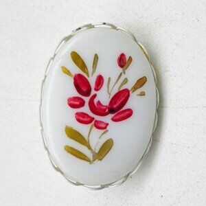 Vintage White Milk Glass Floral Brooch Hand Painted Oval Pin Estate